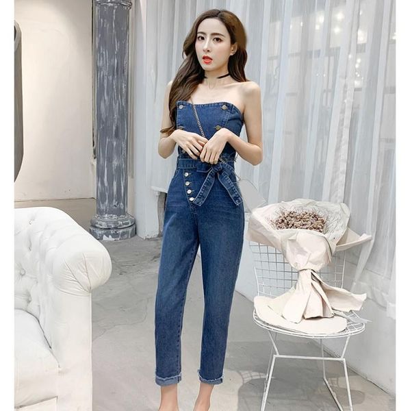 

women's jumpsuits & rompers 2021 summer women strapless sleeveless jeans jumpsuit slim backless denim button pocket belt sexy, Black;white
