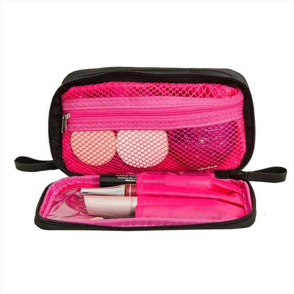 

elegent black nylon women cosmetic bag travel double zipper multi pocket solid color fashion trunk makeup organizer