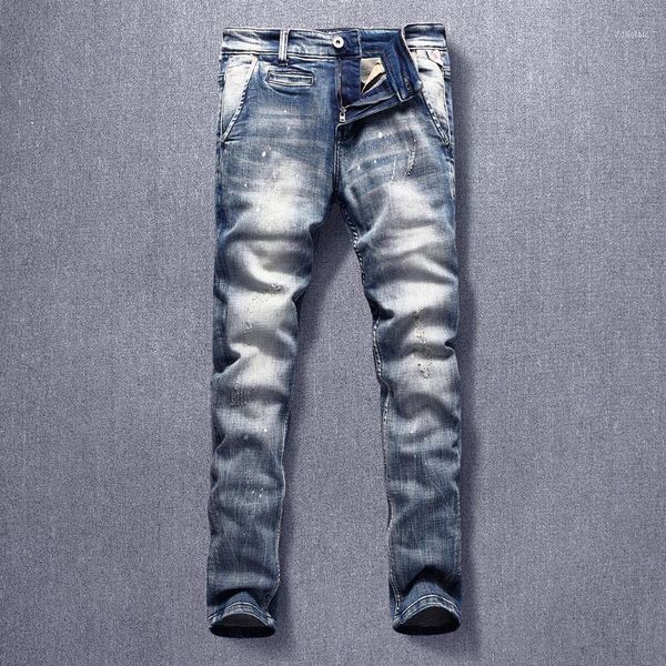

men's jeans ly designer fashion men retro blue elastic slim fit ripped streetwear hip hop denim punk pants