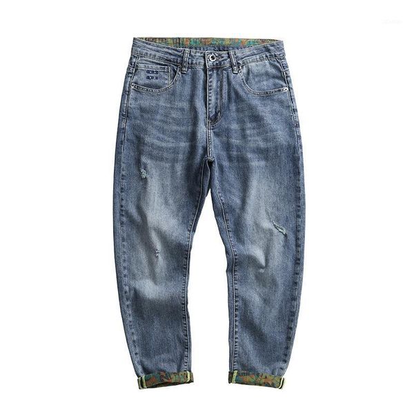 

men's jeans summer denim nine points pants slim straight blue fashion regular fit leisure long personality trousers