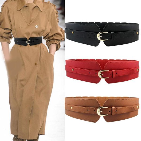 

luxury ladies wide belt vintage pin buckle waist belts female seal solid color waistbands black red brown corset, Black;brown