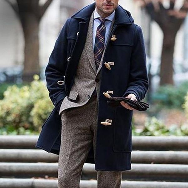 

men's wool & blends autumn winter man coats thicken warm mid-length vintage handsome outdoor simple all-match fashion casual overcoat, Black