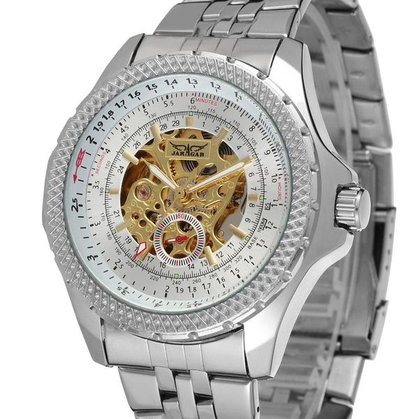 

wristwatches jaragar brand men luxury watches skeleton hollow automatic mechanical clock full stainless steel wristwatch relogio releges, Slivery;brown