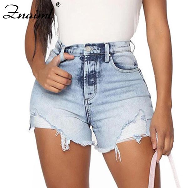 

women's jeans znaiml high waist denim shorts women casual slim short washed ripped tassels female summer cotton plus size, Blue
