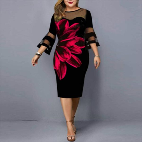 

plus size dresses summer women's dress 2021 elegant mesh bodycon floral print party club night outfits black 5xl 6xl