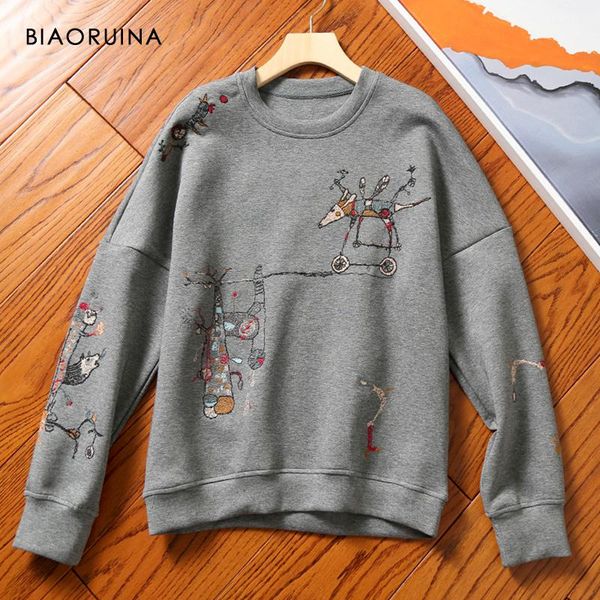 

women's hoodies & sweatshirts biaoruina cotton cartoon embroidery round neck casual sweatshirt female autumn winter loose chic pullover, Black