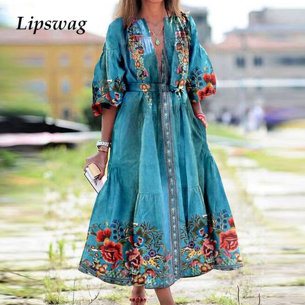 

women vintage v neck tassel long party dress 2021 elegant 3/4 puff sleeve floral print dress autumn ladies patchwork loose dresshigh quality, Black;gray