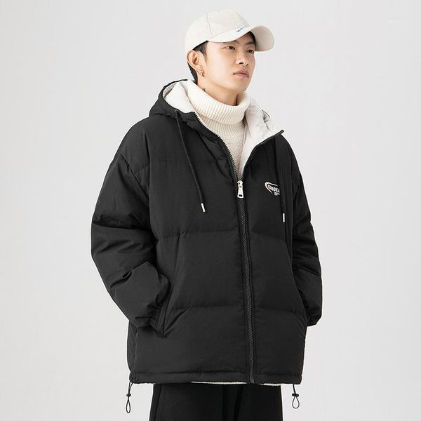 

men's jackets winter jacket, color matching cotton coat, loose couple outfit, hooded men and women, cotton-padded jacket men., Black;brown