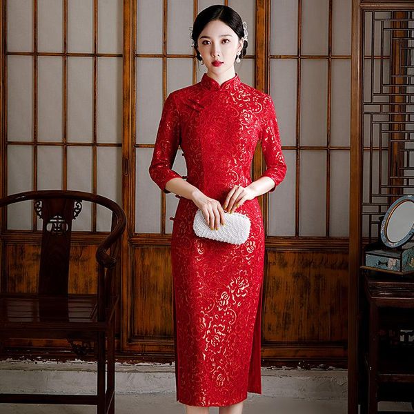 

ethnic clothing classic red women vheongsam noble elegant evening part qipao traditial bridesmaid wedding vestidos plus size robe gown