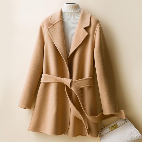 

women's wool & blends autumn and winter coat, solid color fashion belt, slim slim, woolen coat is versatile, Black