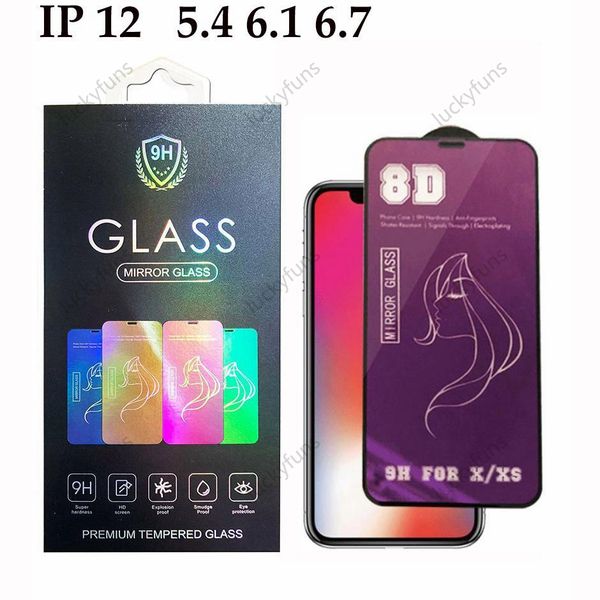 8D espelho Beleza Protetores de vidro temperado para iPhone 12 mini 11 Pro XS Max XR Protetor de tela 8 7 6 Plus com pacote de varejo