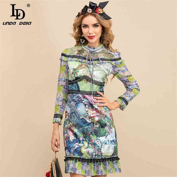 

summer fashion runway vintage dress women's long sleeve luxurious lace patchwork ruffles floral print short 210522, Black;gray