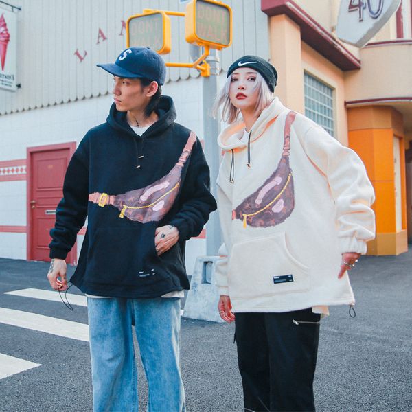 

vamtac 2020 autumn and winter new hand-painted oil painting single chest bag printing fashion brand couple casual hooded plush sweater, Black