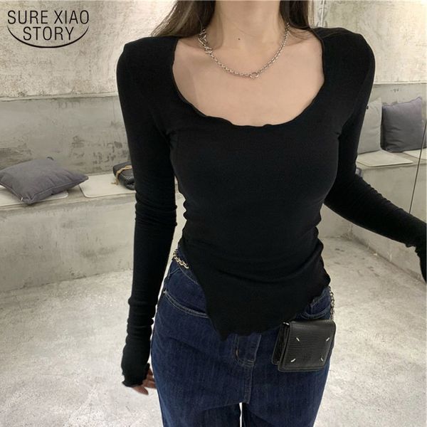 Frauen Gestrickte Bottoms Shirts Schwarz Dünne Innere Lange Hülse Rundhals Enge frauen Bluse Streetwear Schlank Top Weibliche 12697 210508