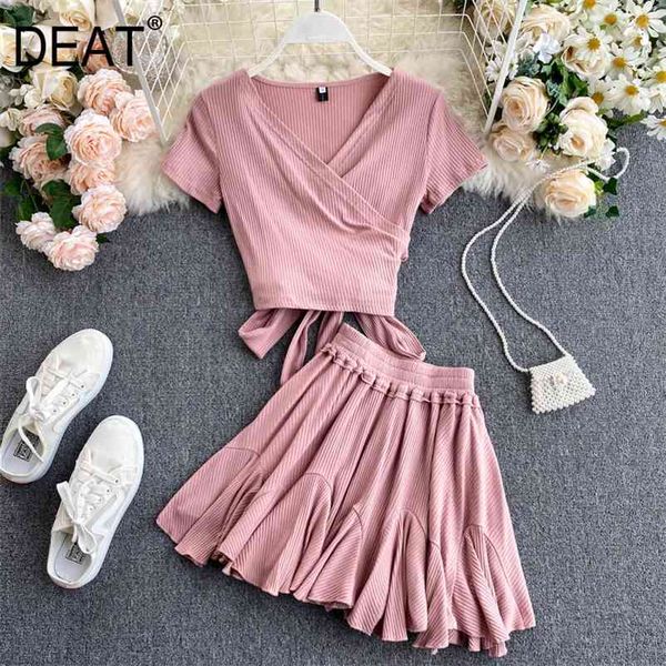 

summer fashion casual patchwork v neck solid slim pleated short skirt two-piece suit women sb773 210525, White