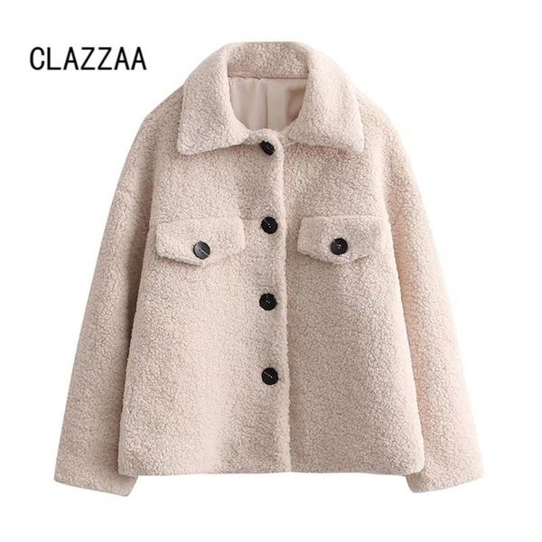 

women's jackets clazzaa fall winter women fashion faux shearling jacket long sleeves lapel collar vintage warm overshirt chic outfit fe, Black;brown