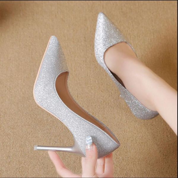 

dress shoes 2021 spring silver high heels women pumps pointed toes shoe woman single slip-on female glitter bling black gold