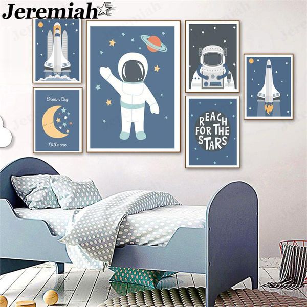 

paintings modern cartoon astronaut canvas poster simple moon planet rocket letter painting wall art children's room home decoration
