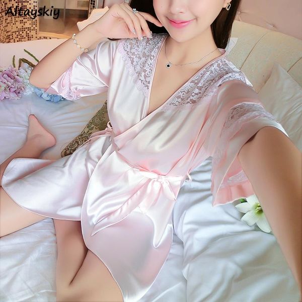 

women's sleepwear robes women hollow out v-neck lounge womens silk summer breathable trendy ulzzang ins female chic casual gentle, Black;red