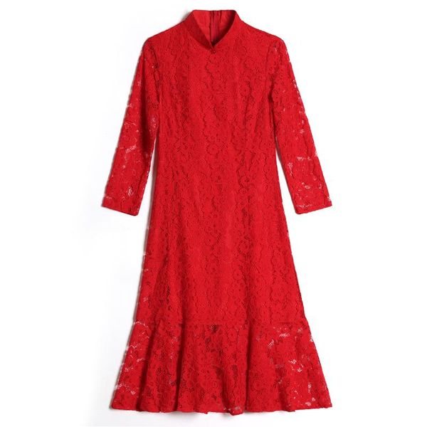 

spring autumn women dress elegant vintage red lace improved cheongsam party casual dresses, Black;gray