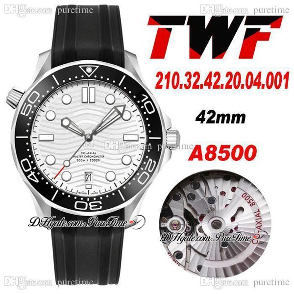 

twf diver 300m a8500 automatic mens watch 42mm black ceramics bezel white wave texture dial date rubber strap 210.32.42.20.04.001 watches su, Slivery;brown