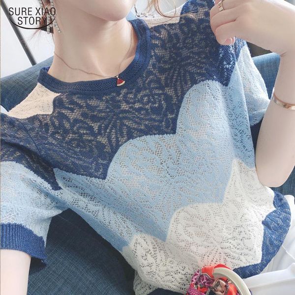 

women's blouses & shirts elegant blue fashion o neck women summer cotton knitted and hollow out short sleeve clothing 14657, White