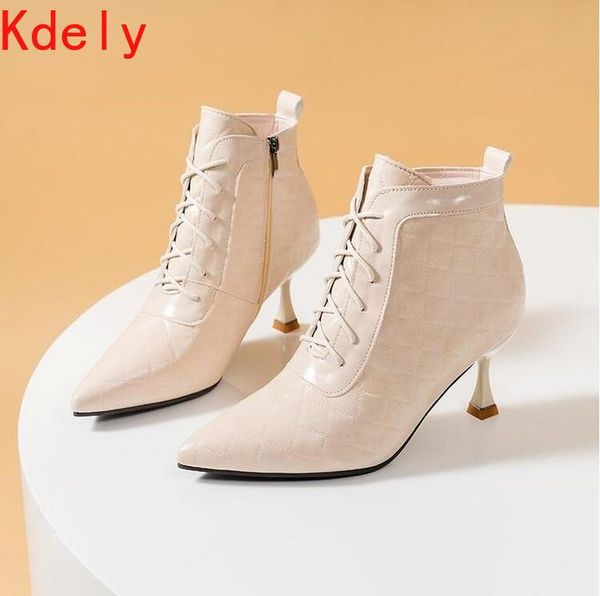 

boots women ankle ladies autumn shoes high heels fashion lace up pointed toe pumps pu leather comfort fahion woman, Black