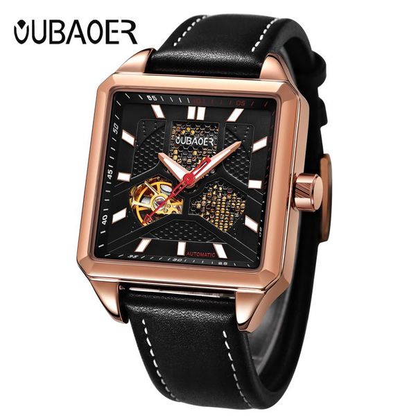 

wristwatches oubaoer creative rose square case men's automatic mechanical watch black dial hollow design leather strap sports male wris, Slivery;brown