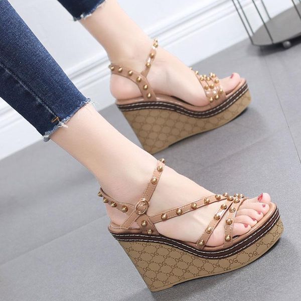 

dress shoes 2021 wedge heel sandals word buckle high heels open toe thick bottom waterproof platform women's summer, Black