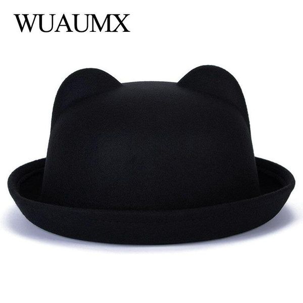 

stingy brim hats simple fashion vintage fall winter fedoras for women ladies felt hat girls homburg female with cat ears caps, Blue;gray