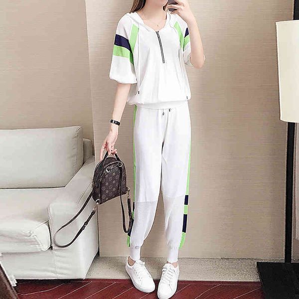 

women's tracksuits summer contrast color hollow out knitted tracksuit women half sleeve zipper pullover t-shirt sweatpants casual, Gray