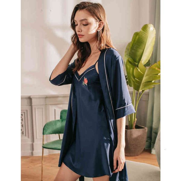 

sleepwear 2 pieces satin pajamas summer faux silk women sleepwear ladies belt thin flower letters robe sling set gqio bvr1, Black;red