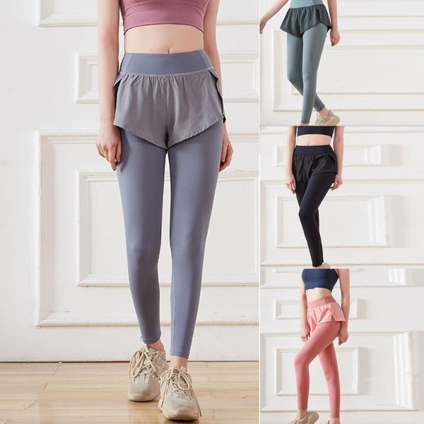 

high waisted yoga pants fake two-piece tights women slimming elastic leggings running track tummy cropped outfit