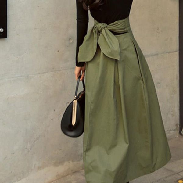 

army women skirt green linen fashion korean office ladies elegant causal bow long maxi skirts vintage a line, Black