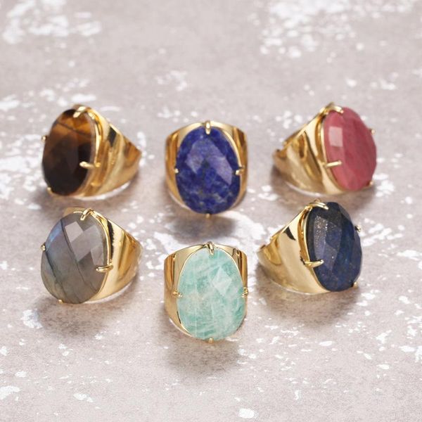 

cluster rings beautiful opening adjustable natural stone ring female faceted glitter lapis lazuli chalcedony jewelry, Golden;silver