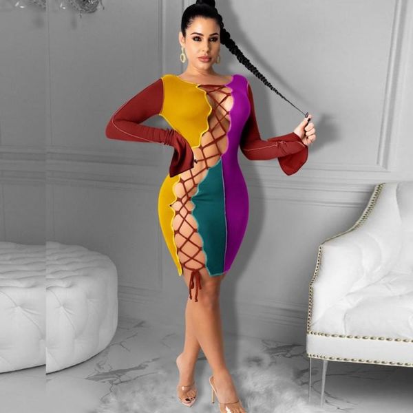 

color patchwork skinny dresses for women full sleeve lace up hollow out pencil dress spring autumn nightclub wear vestidos casual, Black;gray