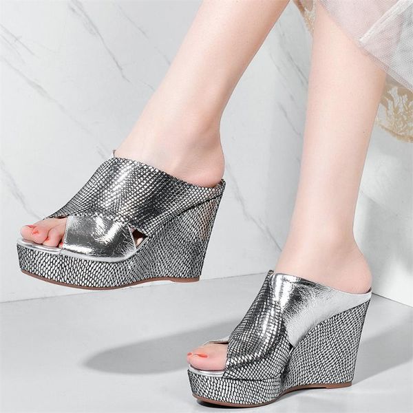 

punk slippers women genuine leather wedges high heel gladiator sandals female summer open toe platform pumps shoes casual dress, Black