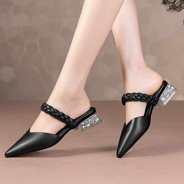 

brand summer women slippers crystal with women's shoes european style genuine leather cowhide sandals, Black