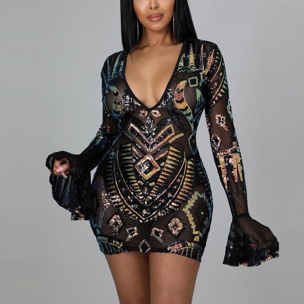 

casual dresses sequined for women v neck full sleeve bodycon mini length elegant evening night party club wear dress vestidos, Black;gray