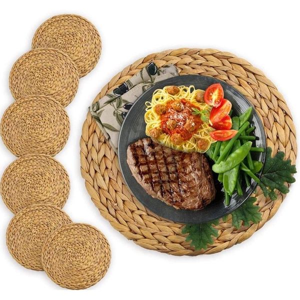 

mats & pads 6pack round woven placemats for dining table, 7.8 inch straw braided placemat, heat resistant non-slip weave