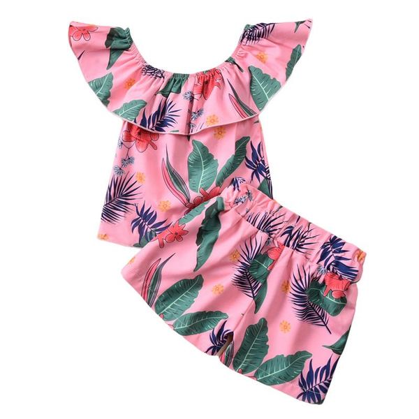 

1-6 years kid girls summer set flower leaves printed elastic off shoulder neck ruffle pink blouse short pant outfits clothing sets, White