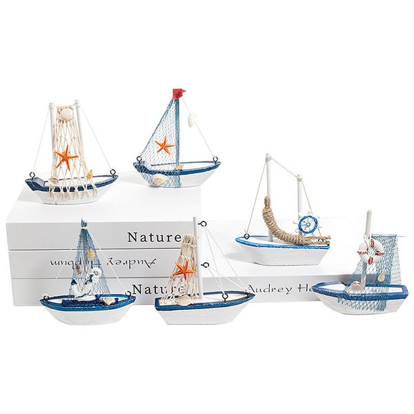 Mini-Segelboot-Modell-Dekoration, Miniatur-Segelboot-Wohndekor-Set aus Holz, nautisches Strand-Design, Marineblau und Weiß