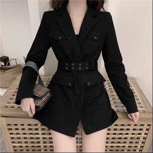 

autumn womens dress korean version looks thin and fashionable chic waist contracted simple long sleeve solid color suit, Black;gray