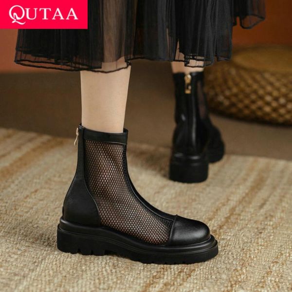 

pu leather mesh zipper ladies pumps retro round toe cool boots flat heel fashion women shoes big size 34-43, Black