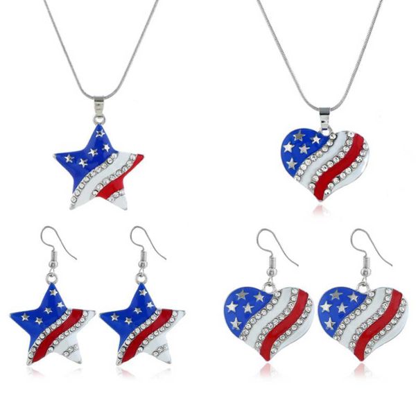 2021 Tendenza American Independence Day Flag Set Gioielli Creativo Grande Stella a cinque punte Orecchini con diamanti Collana Q0709