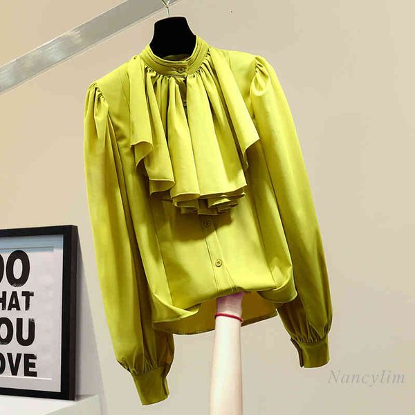 

blouses ruffled stand collar shirt women spring korean style loose long fashion elegant sleeve solid color blouse blusa, White