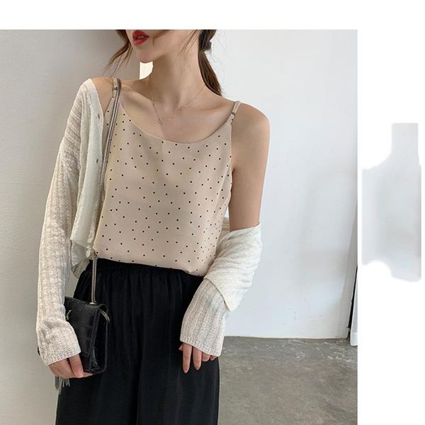 

women's tanks & camis wenfly women chiffon korean summer suspender v-neck sleeveless backless dot printing casual loose female, White