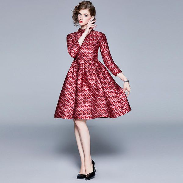 

casual dresses women's spring autumn dress fashion jacquard plaid slim fit o-neck office lady knee-length a-line ml714, Black;gray