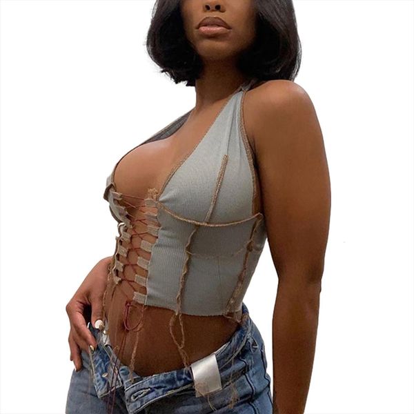 

fashion girl tie vest halter women tank crop sleeveless hollow out solid color lace up patchwork t shirt, White