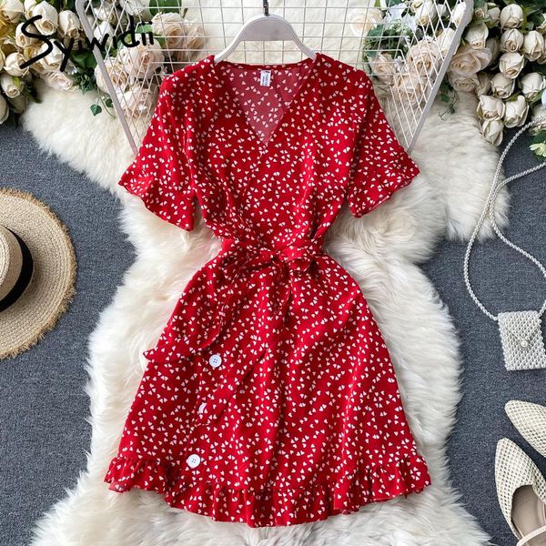 

casual dresses syiwidii boho flare sleeve women summer 2021 a-line sashes v-neck floral print green yellow red dress mini black, Black;gray
